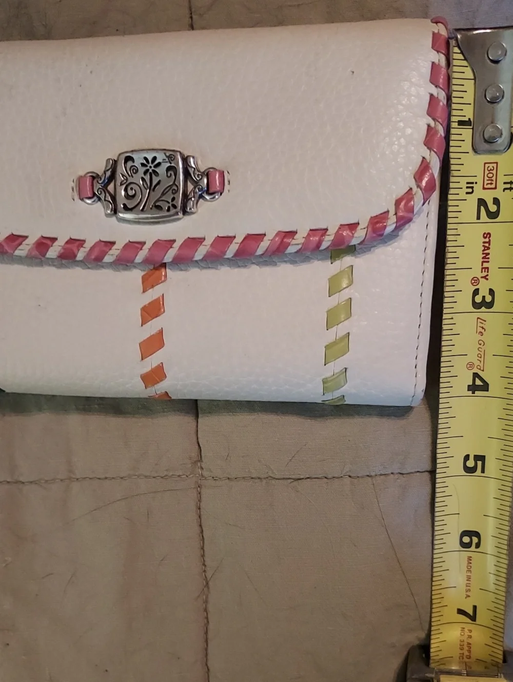 Brighton Wallet Tri Fold White With Pink, Blue, Orange & Green Lacing